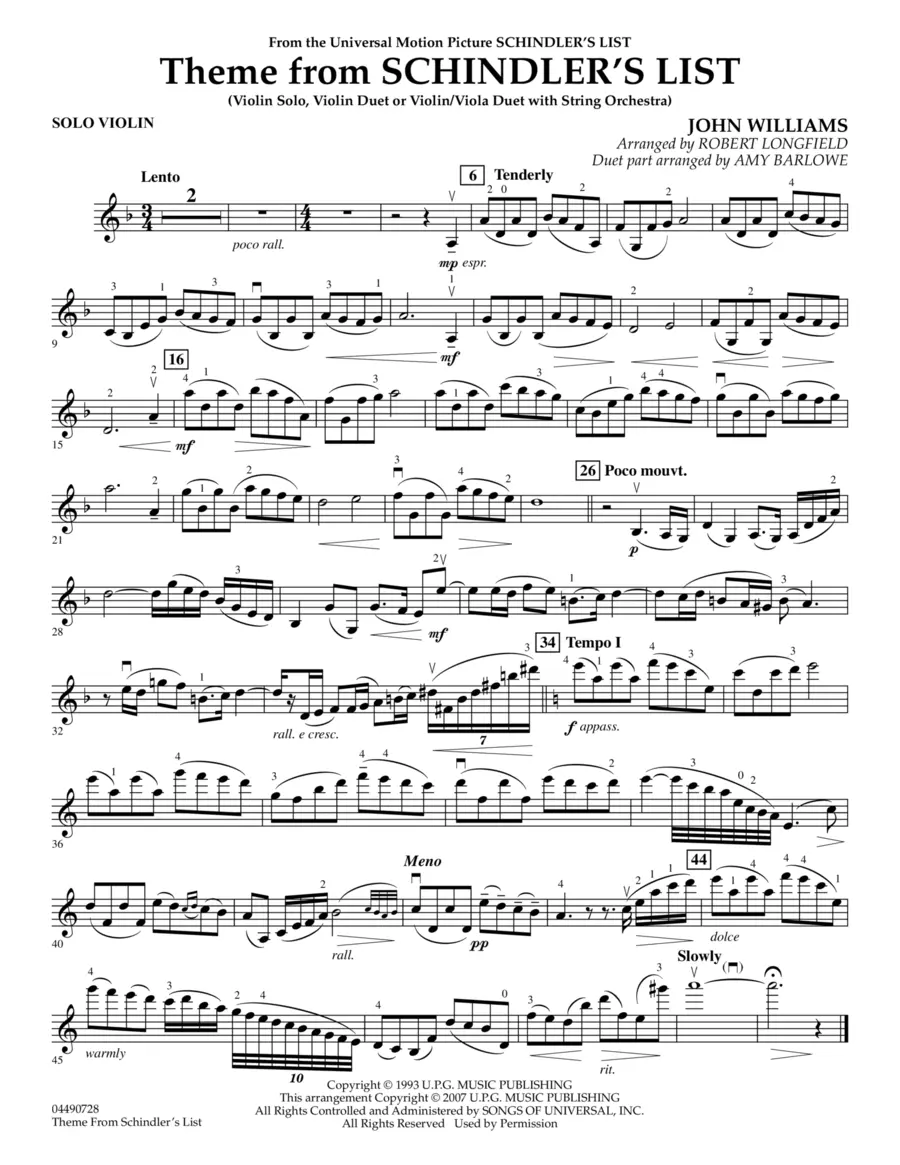 schindler's list theme violin - What solo instrument is used in the music of Schindler's List