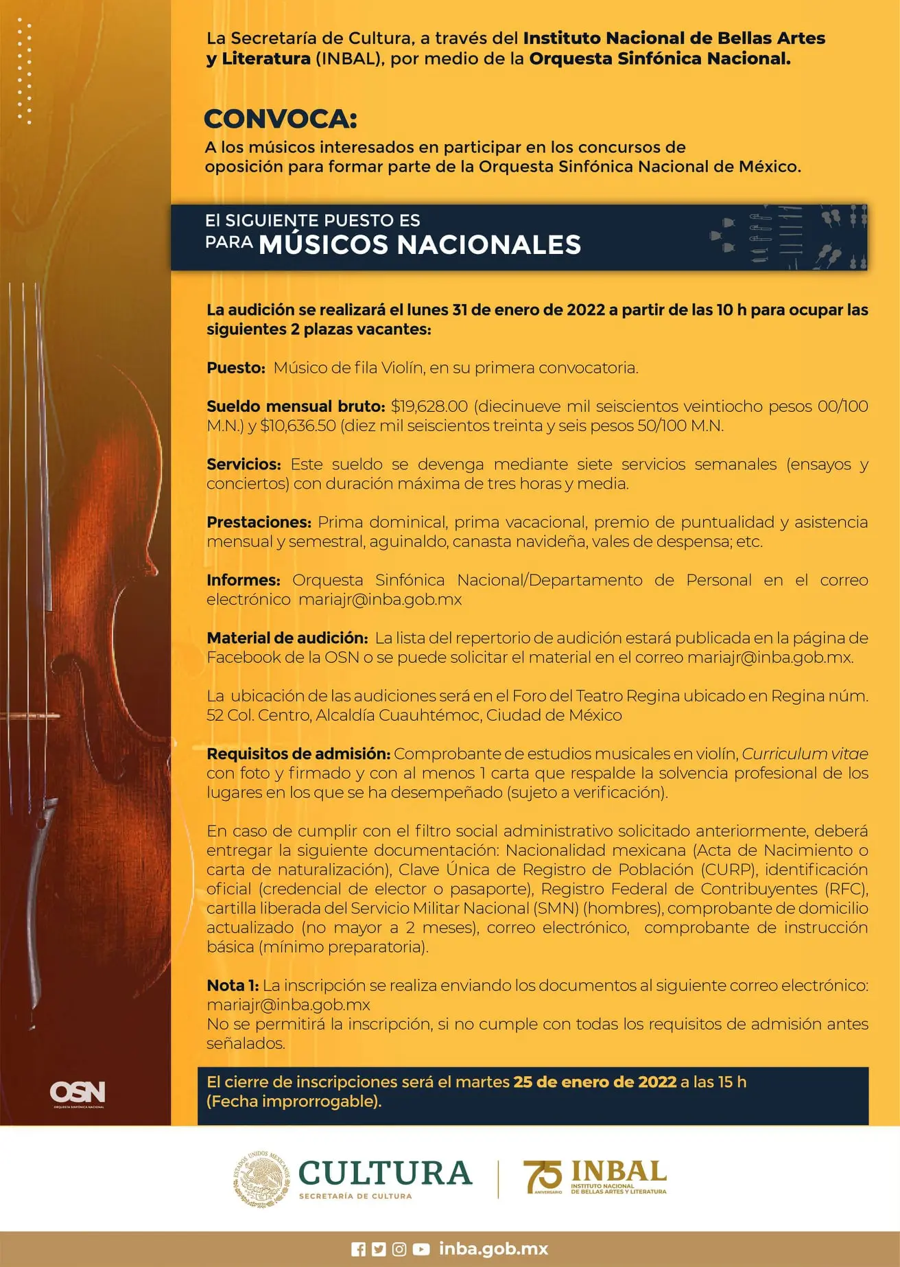 convocatoria violin - Cómo entrar a la OSIM