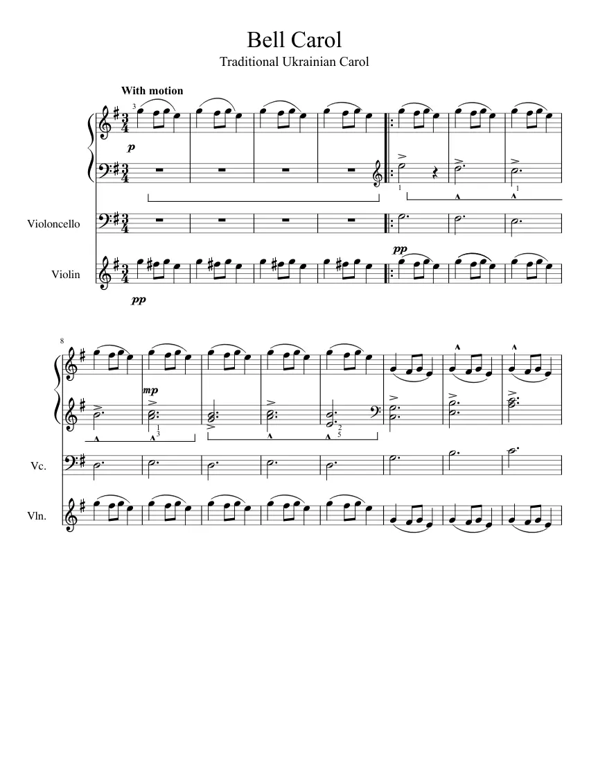 carol of the bells violin piano - What are the letters for Carol of the Bells on the piano